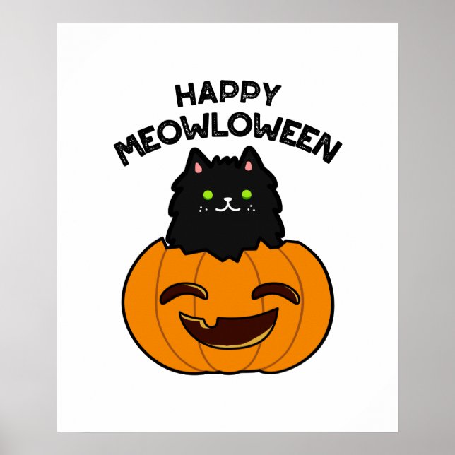 Póster Feliz Meowloween Funny Halloween Black Cat Pun (Frente)