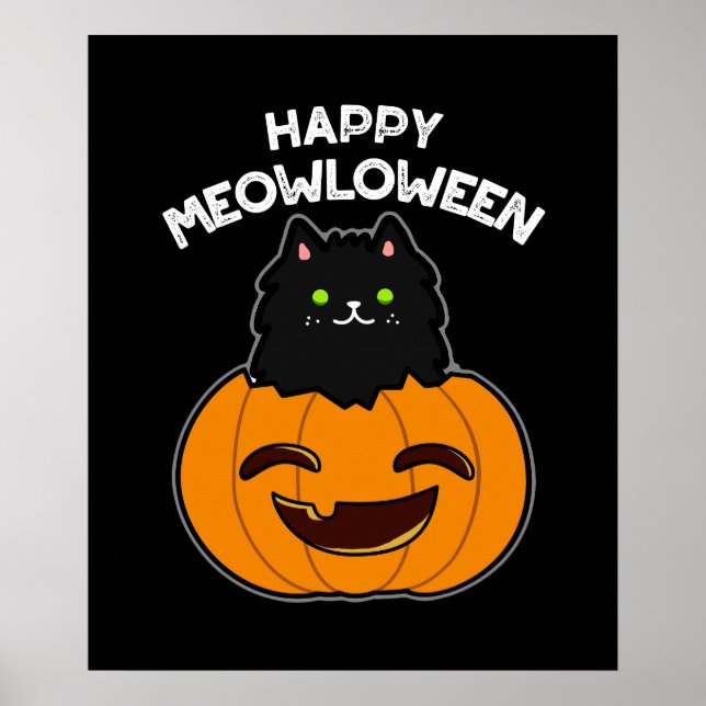 Póster Feliz Meowloween Funny Halloween Pun Dark BG (Frente)
