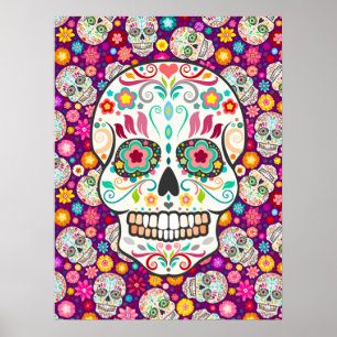 Póster Feliz Muertos - Cránulos de azúcar festivos en mor