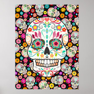 Póster Feliz Muertos - Festividades del azúcar en negro