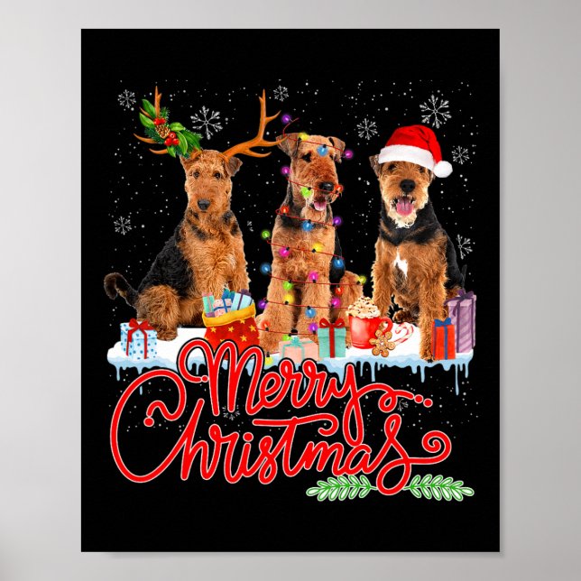 Póster Feliz Navidad Airedale Terrier Santa Reindeer Li (Frente)