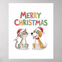 Feliz Navidad al gato y al perro con sombreros de