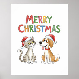 Póster Feliz Navidad al gato y al perro con sombreros de 