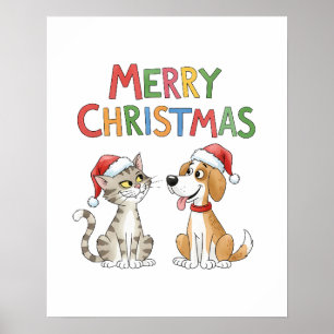 Póster Feliz Navidad al gato y al perro con sombreros de 