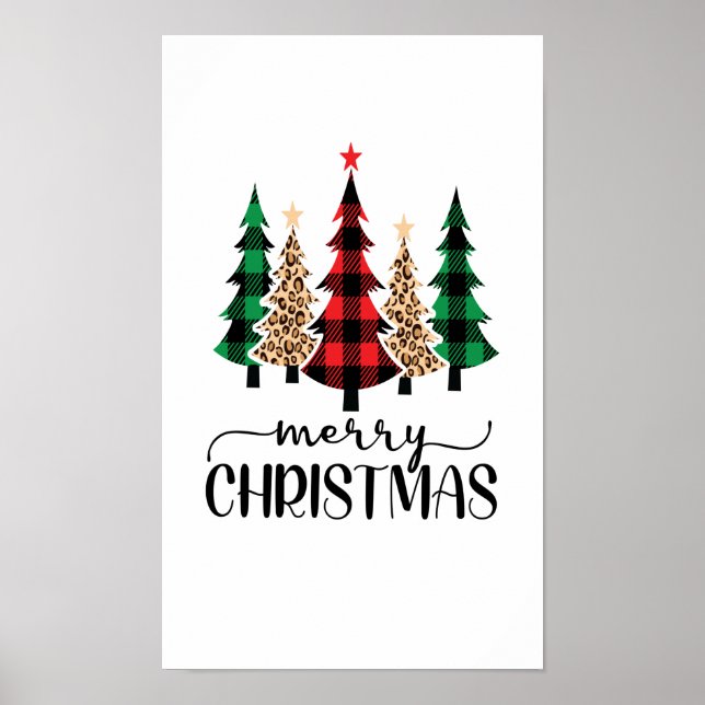 Póster Feliz Navidad Árboles de Cuadros Rojos Verdes (Frente)