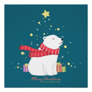 Póster Feliz Navidad: Arte de Ilustracion de oso polar