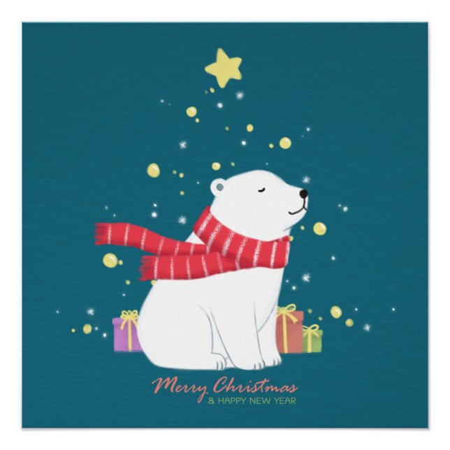 Póster Feliz Navidad: Arte de Ilustracion de oso polar (Anverso)