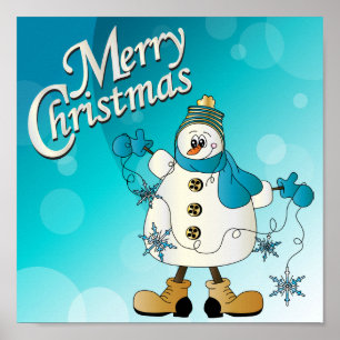 Póster Feliz Navidad Azul Snowman