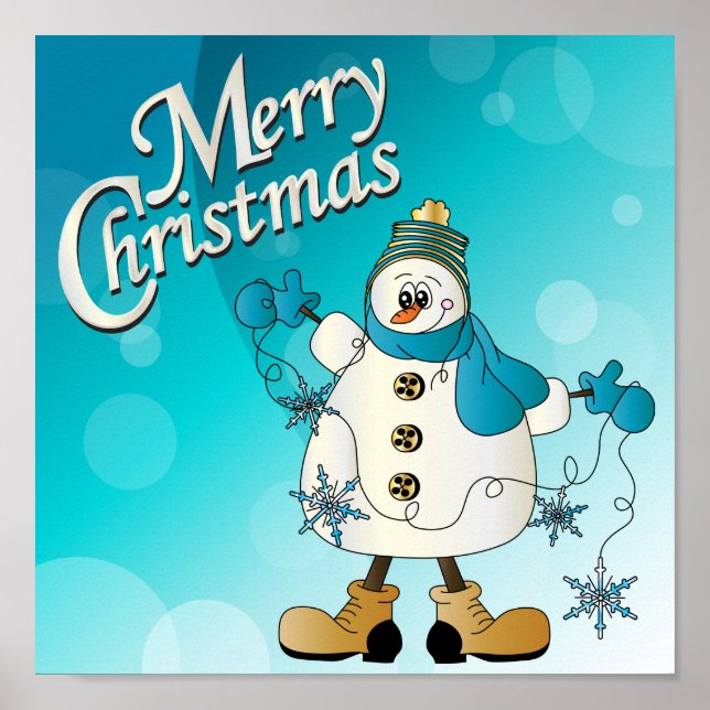 Póster Feliz Navidad Azul Snowman (Frente)