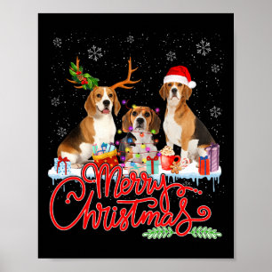 Póster Feliz Navidad Beagle Dog Santa Reindeer Light Xm