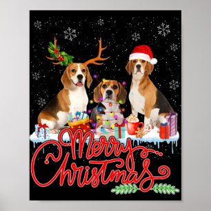 Póster Feliz Navidad Beagle Dog Santa Reindeer Light Xm