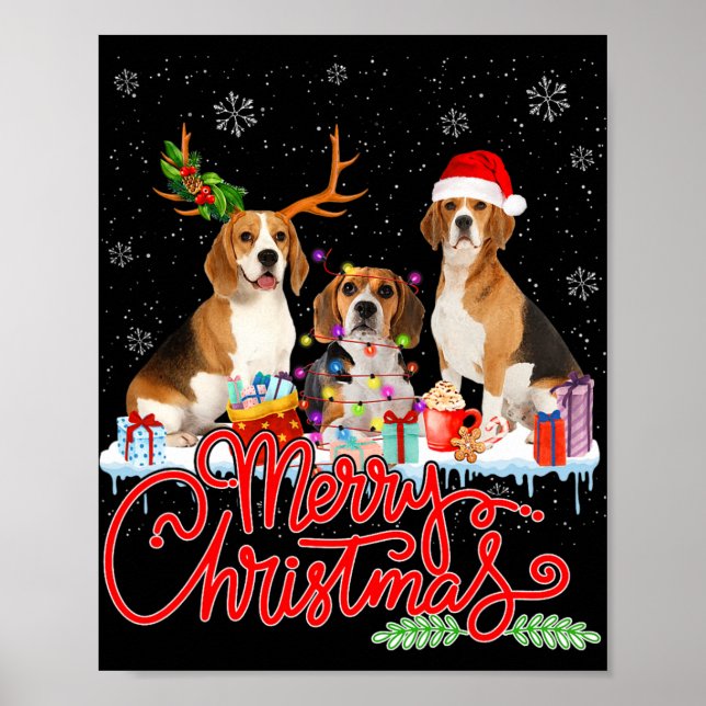Póster Feliz Navidad Beagle Dog Santa Reindeer Light Xm (Frente)