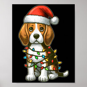 Póster Feliz Navidad Beagle Santa Luces de Navidad Perro 