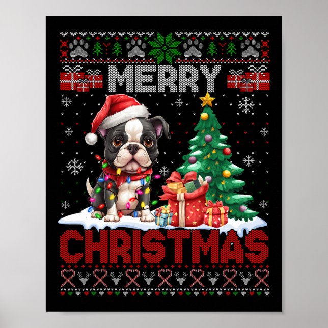 Póster Feliz Navidad Boston Terrier Perro Amantes Ugly Xm (Frente)