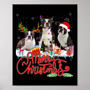 Póster Feliz Navidad Boston Terrier Santa Reindeer Ligh
