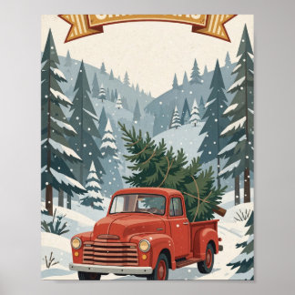 Póster Feliz Navidad — Camión Rojo Retro con Árbol