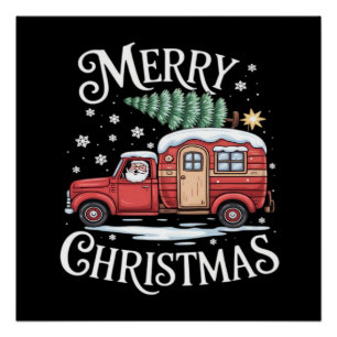 Póster Feliz Navidad Camping Lindo Santa Claus Camión Ess