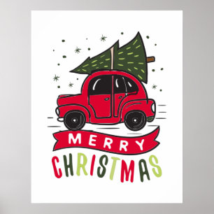 Póster Feliz Navidad Coche Rojo Árbol Fiestas Navidad