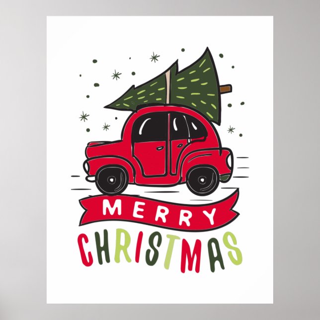 Póster Feliz Navidad Coche Rojo Árbol Fiestas Navidad  (Frente)