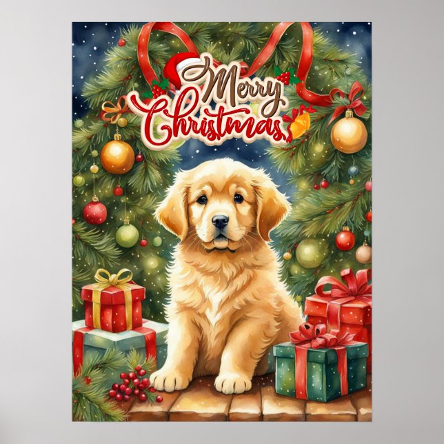 Póster Feliz navidad con cachorro y árbol de Navidad (Frente)