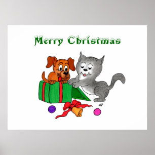 Póster Feliz Navidad con gato y cachorro