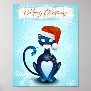 Póster Feliz Navidad con un gato negro con el Gorra de Sa