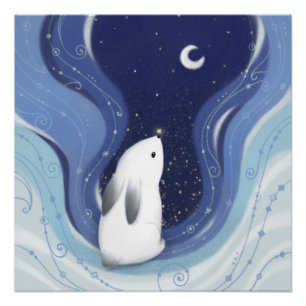 Póster Feliz Navidad: Conejo, la luna y las estrellas