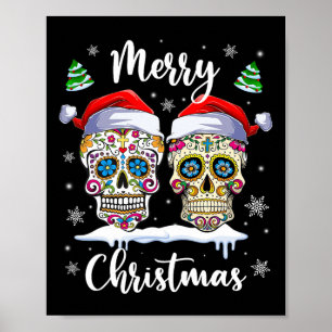Póster Feliz Navidad Cráneo de Azúcar Santa Hat Family Xm