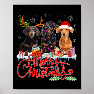 Póster Feliz Navidad Dachshund Perros Santa Reindeer Ligh