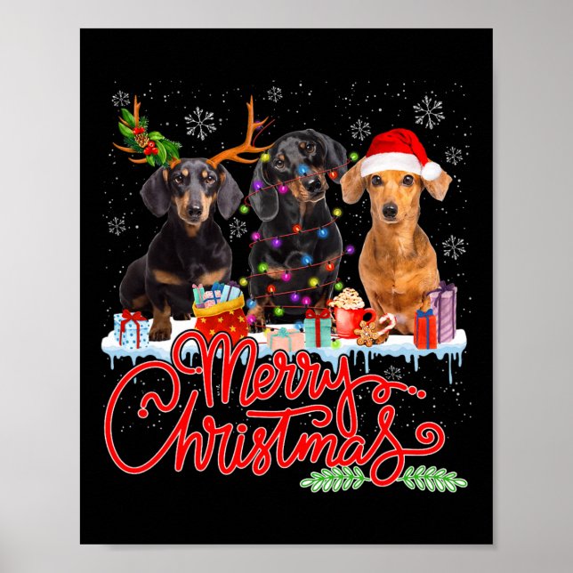 Póster Feliz Navidad Dachshund Perros Santa Reindeer Ligh (Frente)