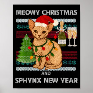 Póster Feliz Navidad divertido gato Sphynx sombrero de Sa