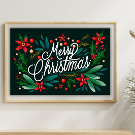 Póster Feliz Navidad Elegante guión de caligrafía floral