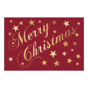 Póster Feliz Navidad Elegante Script Gold Stars Red