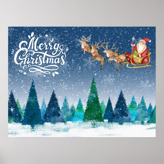 Póster Feliz navidad en el bosque de nieve y Santa en Sle (Frente)
