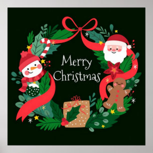 Póster Feliz Navidad Fancy Weath, Santa y snowman