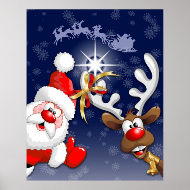 Póster Feliz Navidad Feliz Papá Noel y renos (Frente)