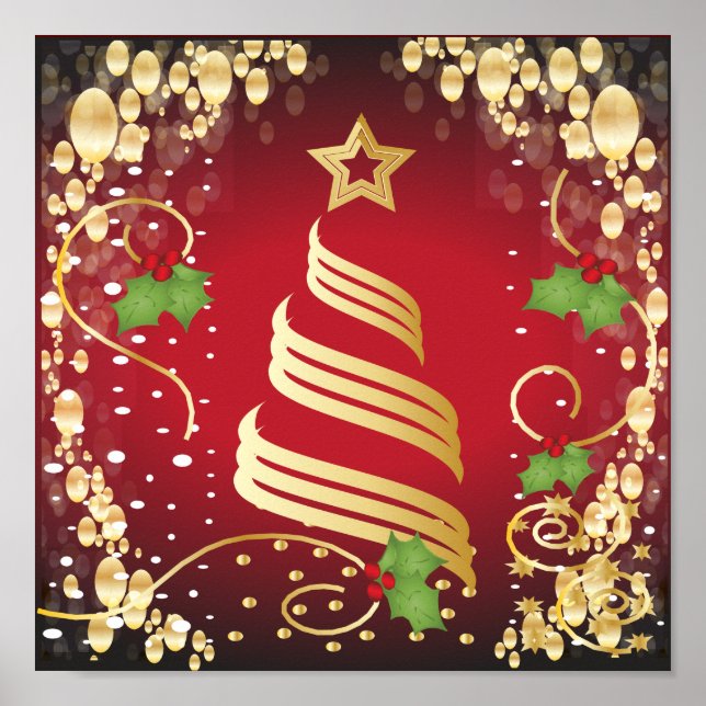 Póster Feliz Navidad Festividad Brillante Rojo y Oro (Frente)
