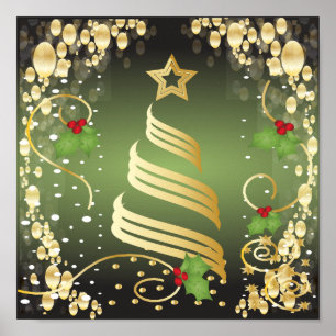 Póster Feliz Navidad Festividad Verde y Oro