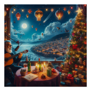 Póster Feliz Navidad Festivo Guitarra Jugador Ciudad Cost