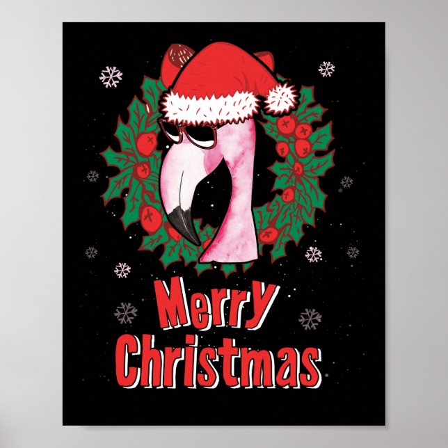 Póster Feliz Navidad Flamingo Santa Hat Gafas de sol (Frente)