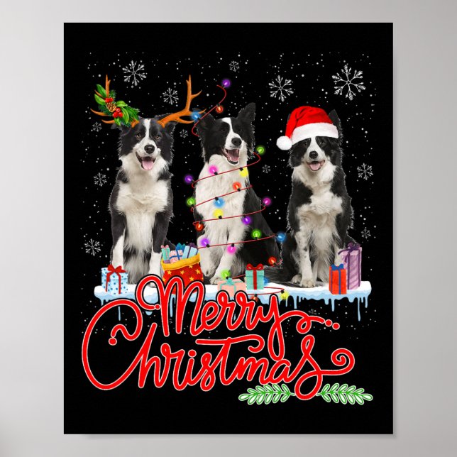 Póster Feliz navidad frontera luz de reno collie Santa Re (Frente)