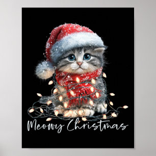 Póster Feliz Navidad Gato Negro Luces Gorro de Santa Dive
