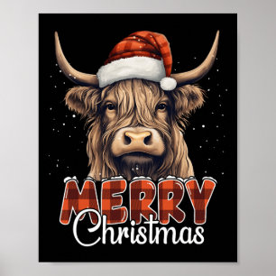 Póster Feliz Navidad Highland Cow Western Santa Hat Xma