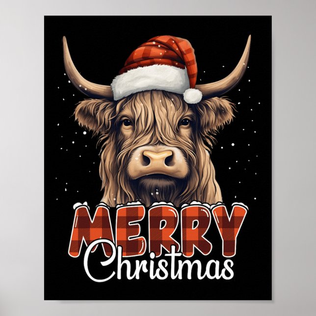 Póster Feliz Navidad Highland Cow Western Santa Hat Xma (Frente)