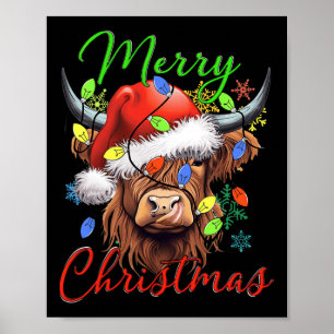 Póster Feliz Navidad Highland Cow Western Santa Hat Xma