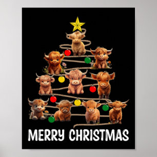 Póster Feliz Navidad Highland Cow Western Xmas Tree Paj
