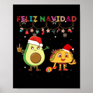 Póster Feliz Navidad hispánica aguacate tacacos mexicano 