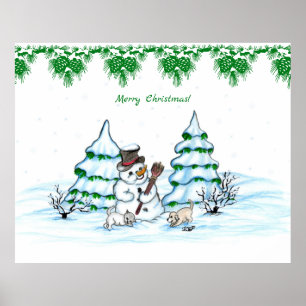 Póster ¡Feliz Navidad! Hombre de nieve con gato y cachorr