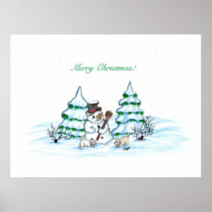 Póster ¡Feliz Navidad! Hombre de nieve con gato y cachorr
