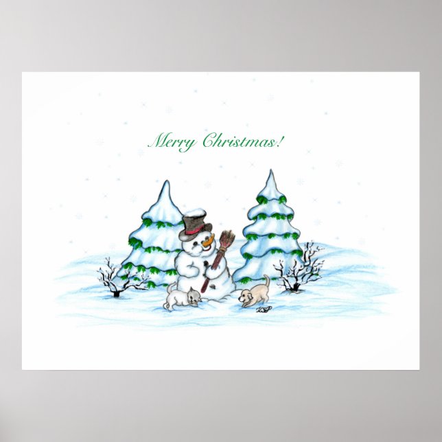 Póster ¡Feliz Navidad! Hombre de nieve con gato y cachorr (Frente)